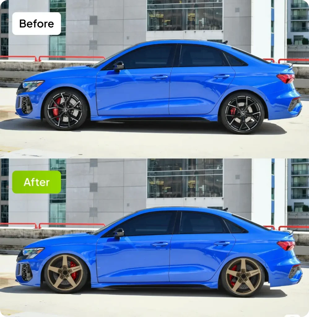 Lowered car simulator before and after - air suspension lowered stance effect preview via Carman Wheel app