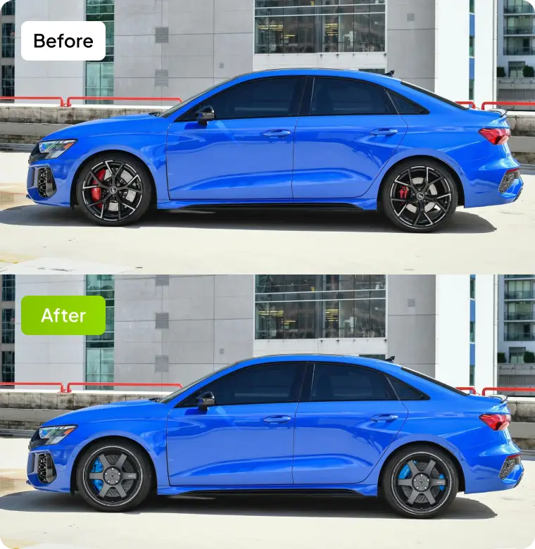 Brake caliper color guide before and after - custom caliper color effect preview on sedan